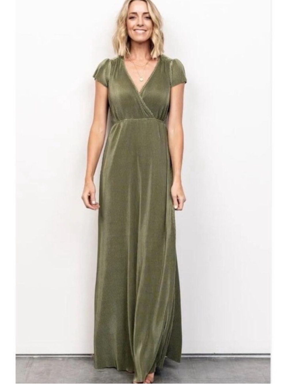 Baltic Born Athena Short Sleeve Pleated Maxi Dress in Sage Green - Size XS